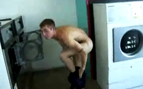 Teen boy totally naked at laundry room in public