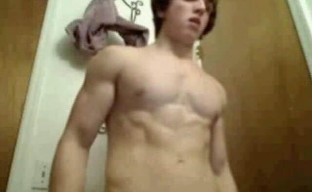 Muscular gay teen boy strips nude and wanks