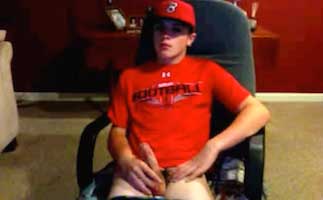 Red t-shirt webcam twink strips naked and shoots his load